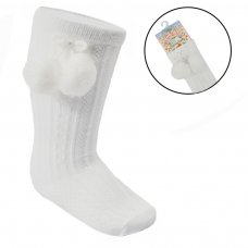 S355-W: White Knee Length Socks w/Pom Pom (0-24 Months)
